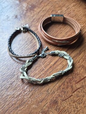 Set of Three Faux Leather & Braided Bracelets - Tan, Brown, Beige